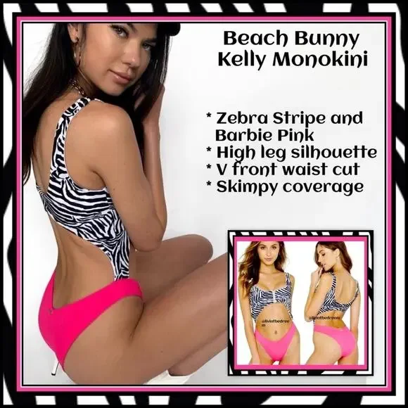 Beach Bunny Kelly Monokini One Piece Zebra Stripe and Barbie Pink SZ L $170